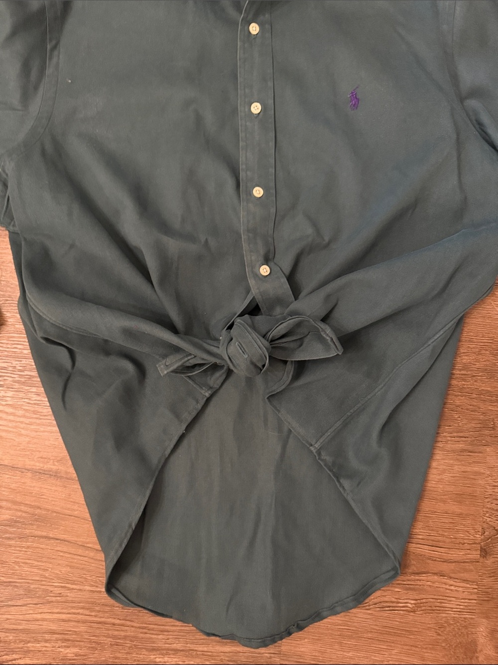 Upcycled Ralph Lauren Dark Green Ruffle Collar Button-Down Shirt Size Large - Picture 4 of 9